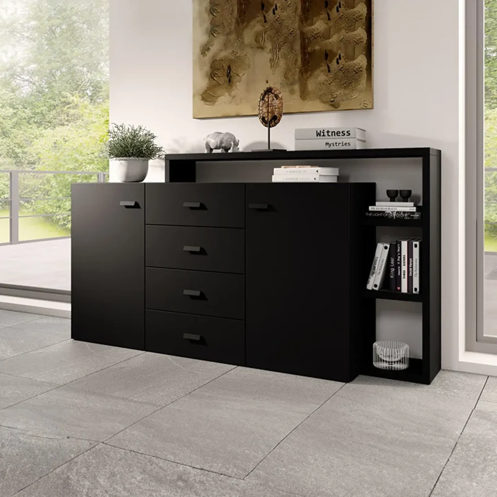 Garnero Arredamenti Credenze Moderne|Madie Moderne-Credenza 180x97h cm 2 ante soggiorno Megan Gihome® Nero Opaco