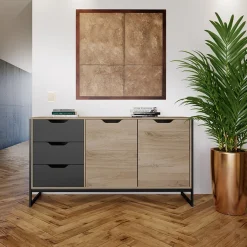 Garnero Arredamenti Credenze Moderne|Madie Moderne-Credenza 160x80h cm 3 cassetti 2 ante rovere sonoma grafite Pollino
