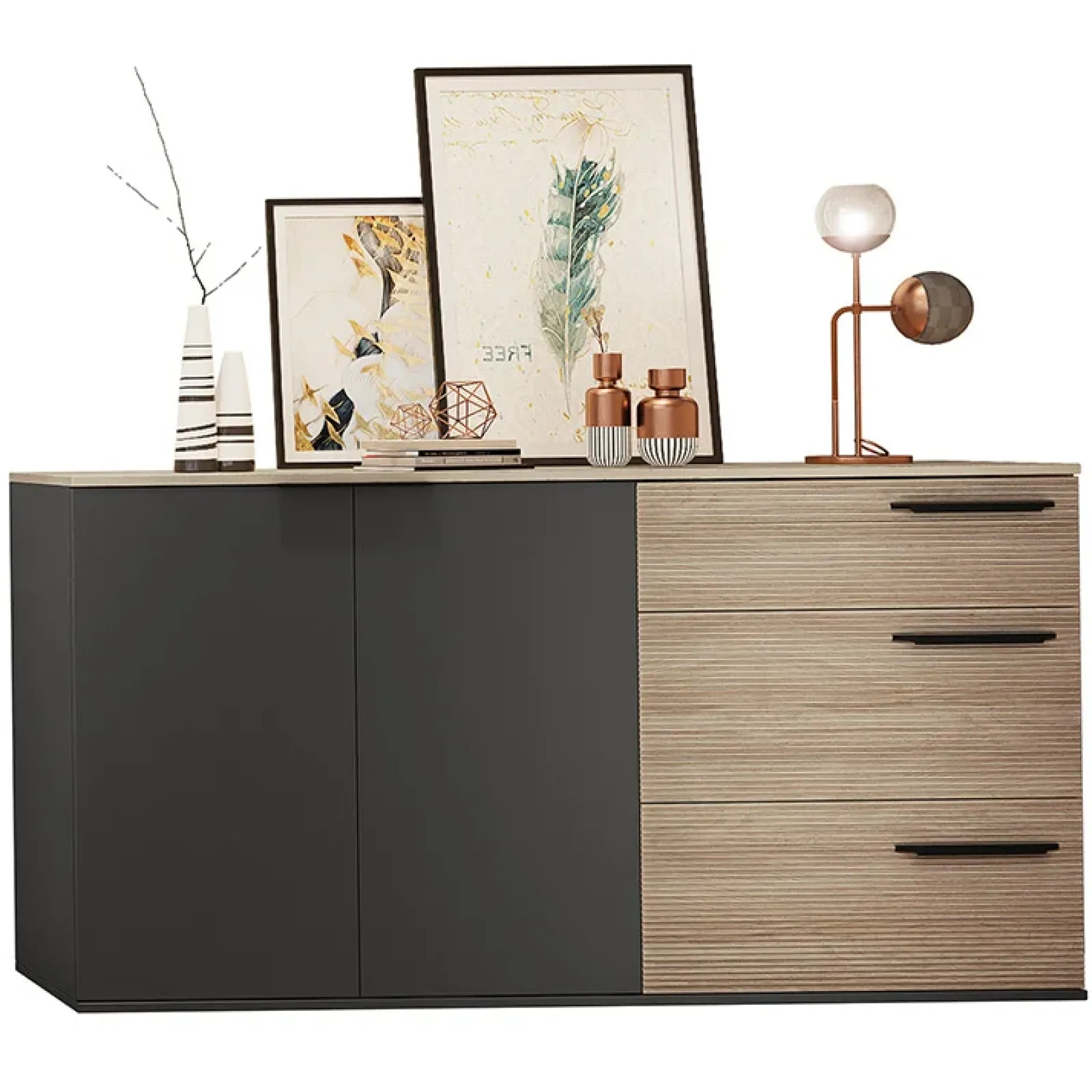Garnero Arredamenti Credenze Moderne-Credenza 160x86h cm 3 cassetti moderna rovere nero opaco Cattelan