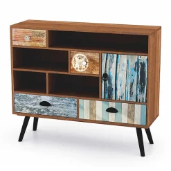 Garnero Arredamenti Mobili Arte Povera-Credenza 93x80h cm  con cassetti vintage industrial  legno acciaio con stampe nero Kabul