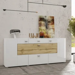 Garnero Arredamenti Credenze Moderne|Madie Moderne-Credenza 165x71h cm moderna bianco rovere Maserati Bianco Lucido - Rovere