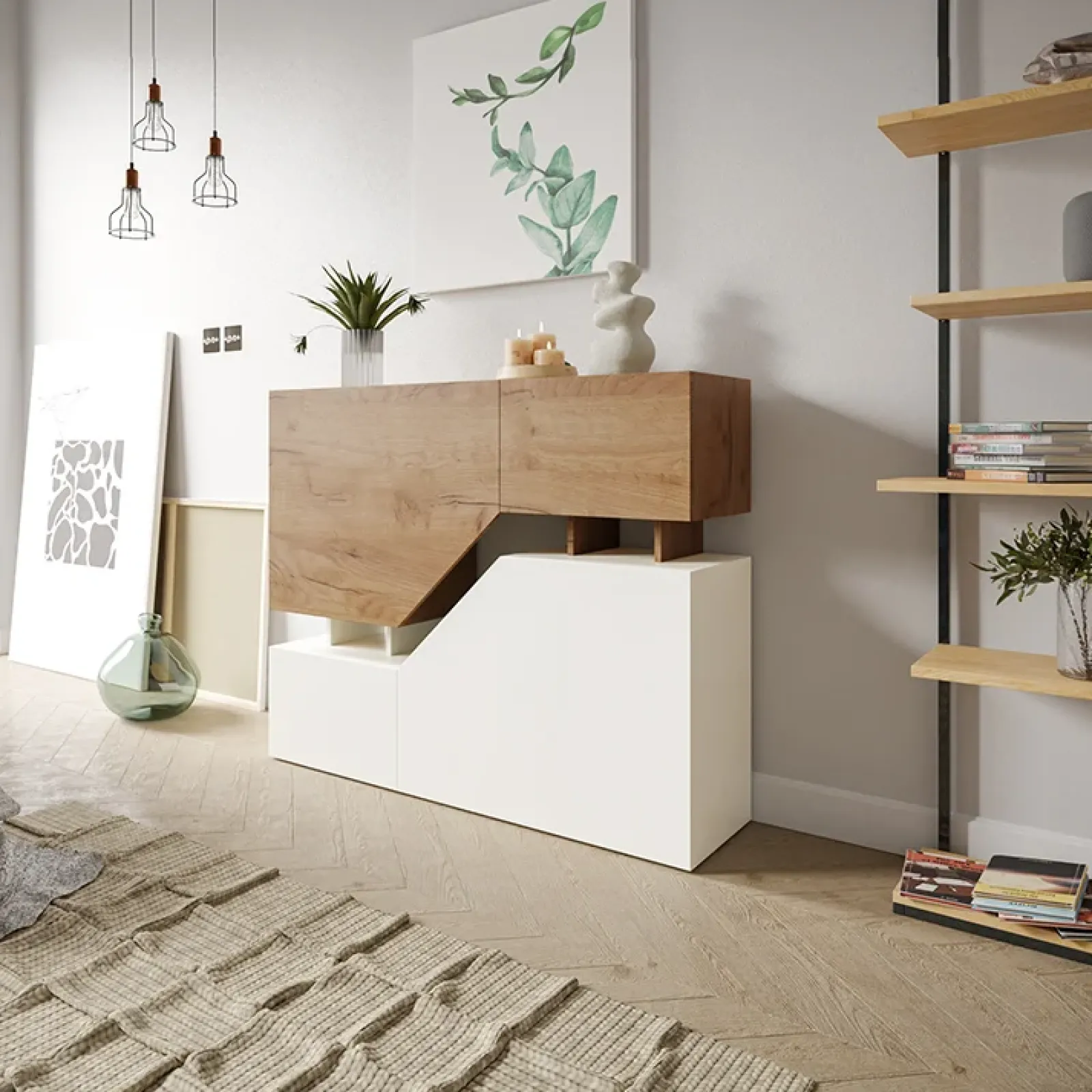 Garnero Arredamenti Credenze Moderne-Credenza 120x100h cm moderna design rovere bianco Modesta Rovere - Bianco opaco