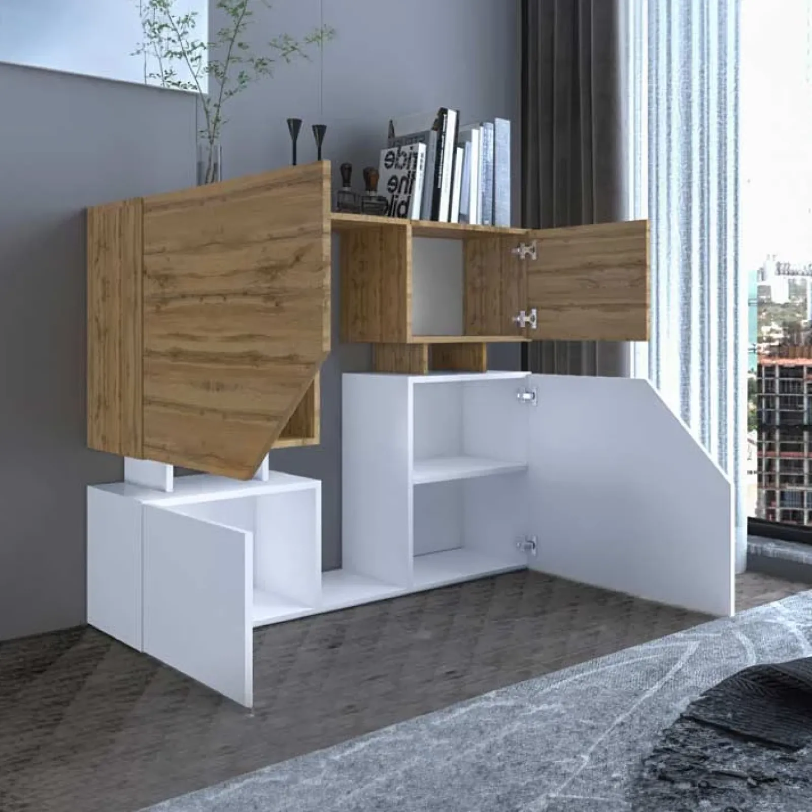 Garnero Arredamenti Credenze Moderne-Credenza 120x100h cm moderna design rovere bianco Modesta Rovere - Bianco opaco