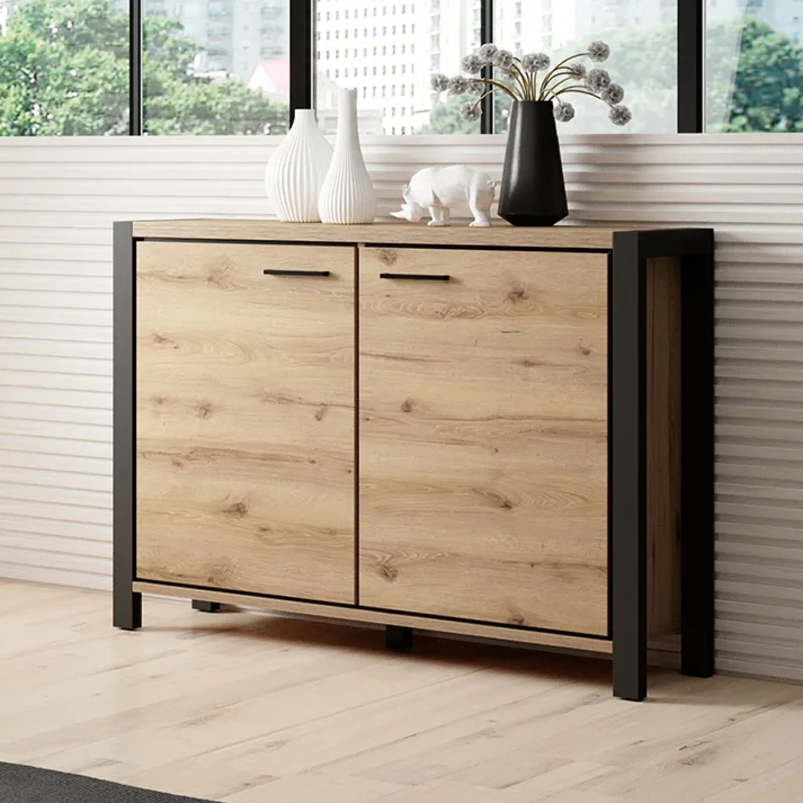Garnero Arredamenti Credenze Moderne-Credenza 112x91h cm soggiorno industrial quercia nero opaco Neive