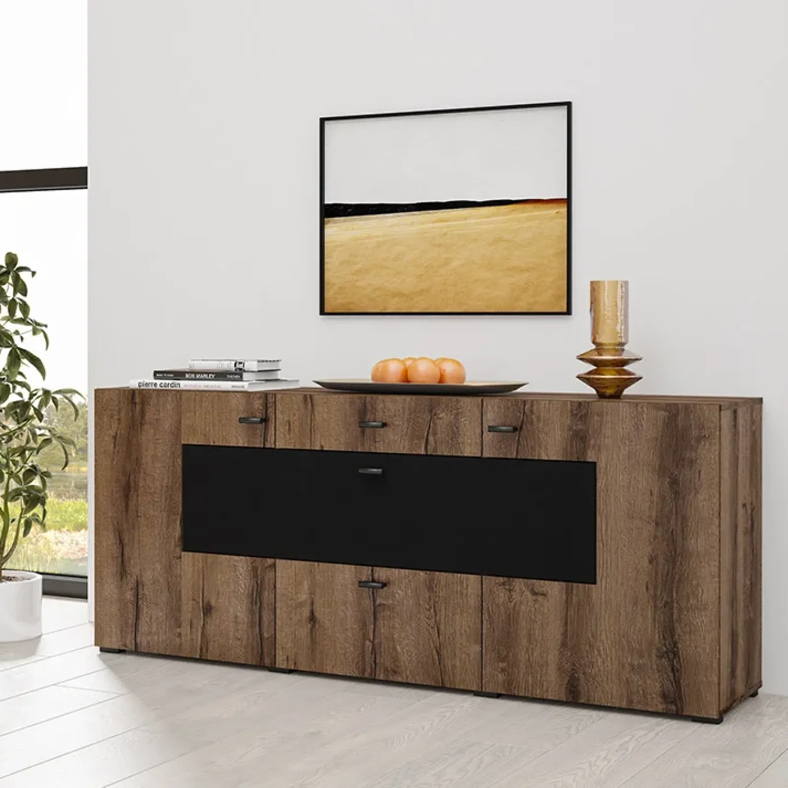 Garnero Arredamenti Credenze Moderne|Madie Moderne-Credenza 165x71h moderna cm rovere scuro nero Maserati Rovere Rustico - Nero opaco