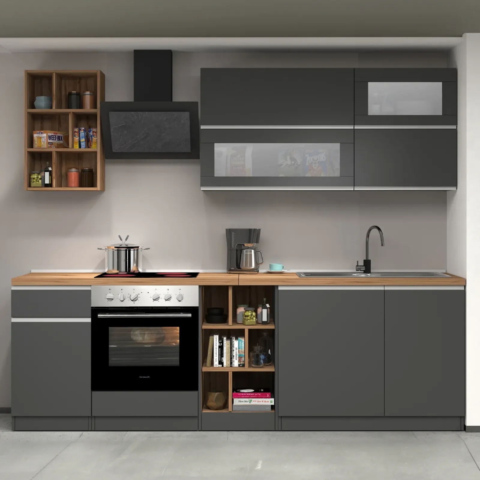 Garnero Arredamenti Cucine Complete|Cucine Complete-Cucina 255cm componibile lineare moderna antracite rovere Gourmet Prestige Antracite - Rovere
