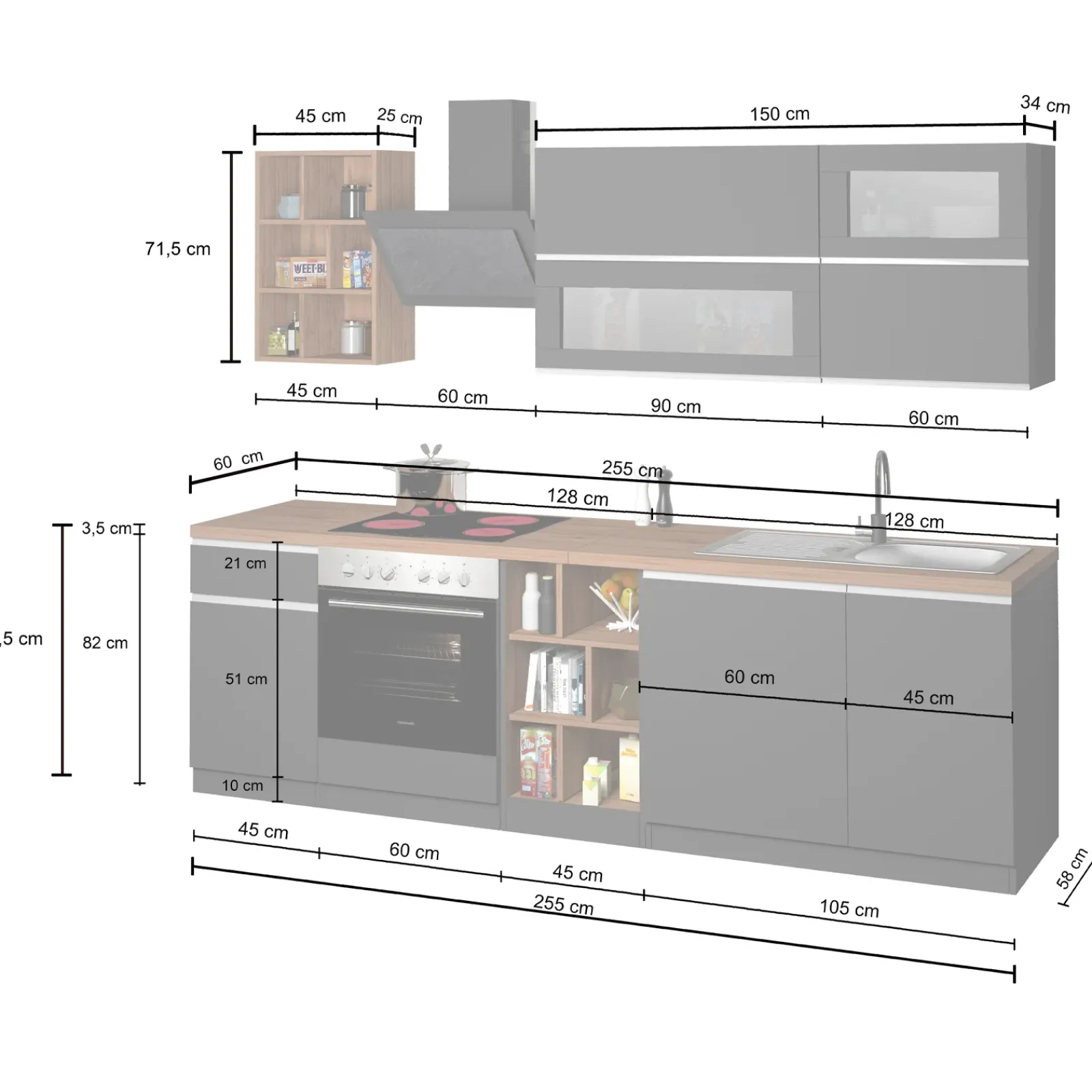 Garnero Arredamenti Cucine Complete|Cucine Complete-Cucina 255cm componibile lineare moderna antracite rovere Gourmet Prestige Antracite - Rovere