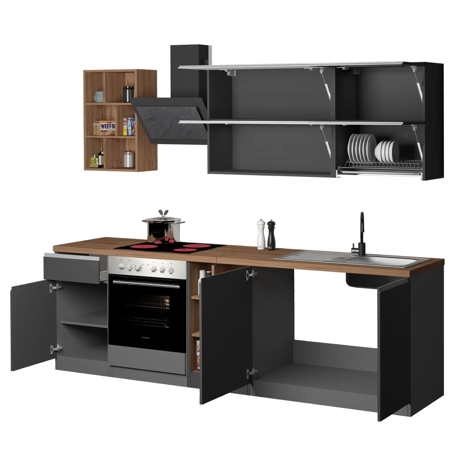 Garnero Arredamenti Cucine Complete|Cucine Complete-Cucina 255cm componibile lineare moderna antracite rovere Gourmet Prestige Antracite - Rovere