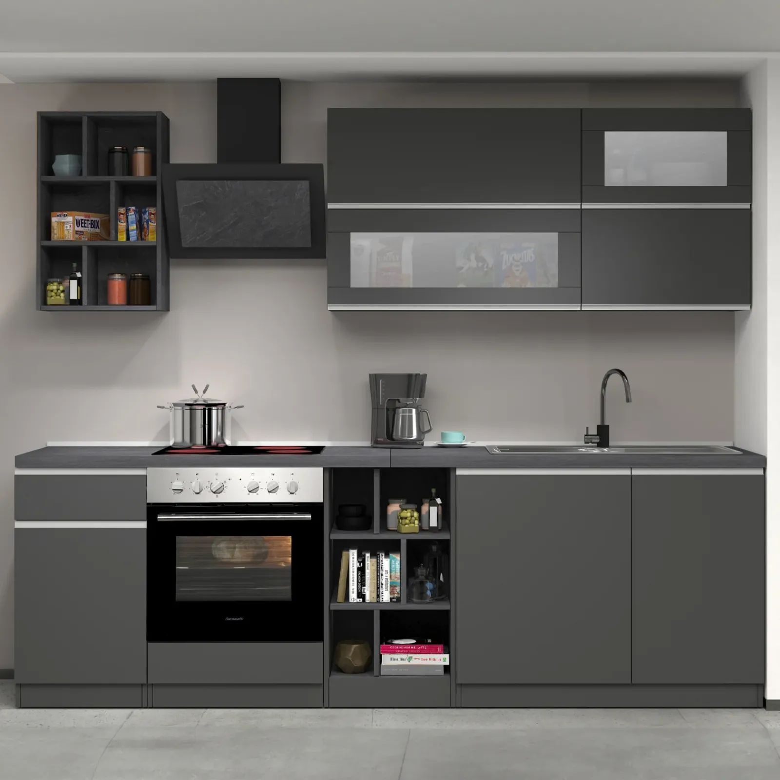 Garnero Arredamenti Cucine Complete|Cucine Complete-Cucina 255cm componibile lineare moderna antracite grigio pietra Gourmet Prestige Antracite - Grigio pietra