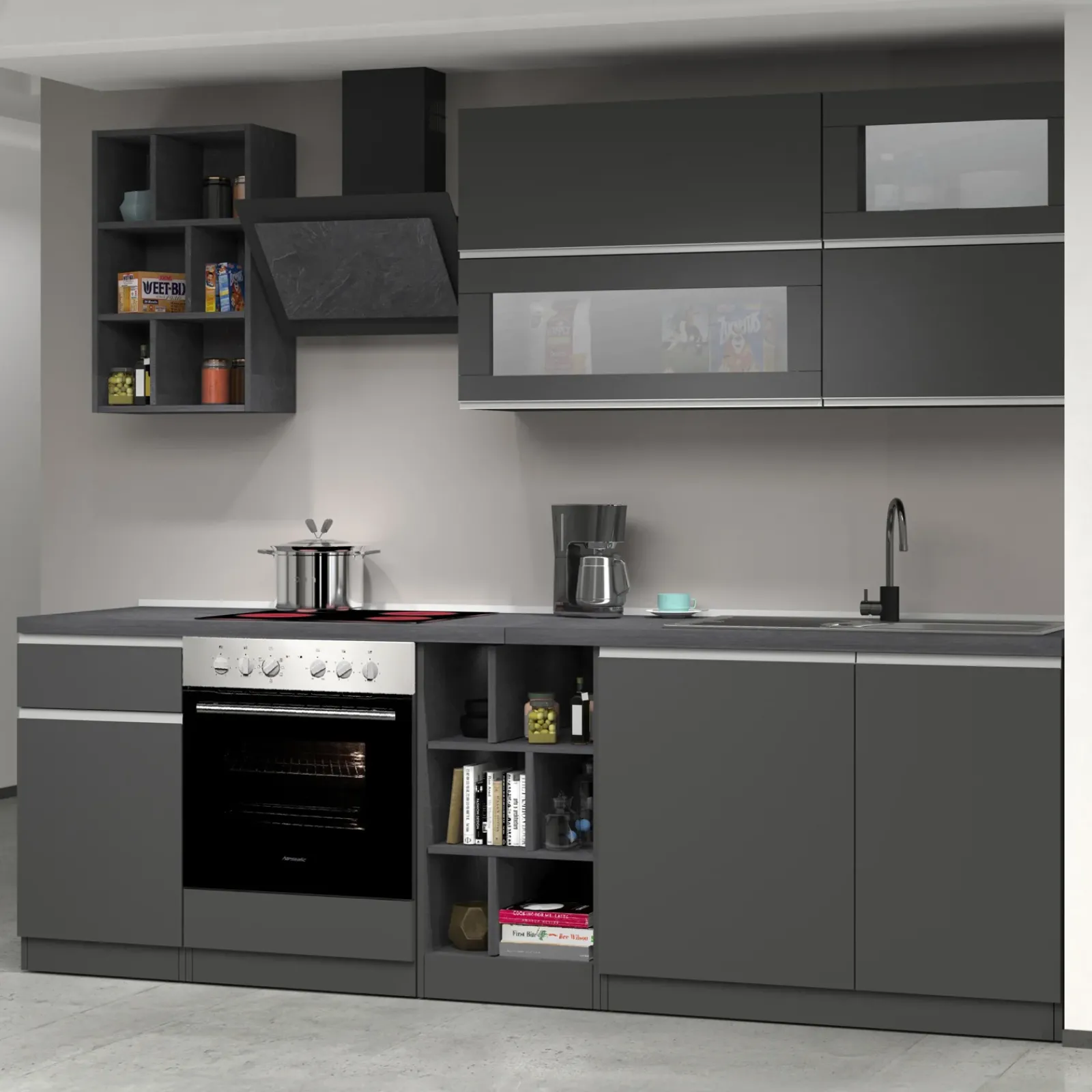 Garnero Arredamenti Cucine Complete|Cucine Complete-Cucina 255cm componibile lineare moderna antracite grigio pietra Gourmet Prestige Antracite - Grigio pietra
