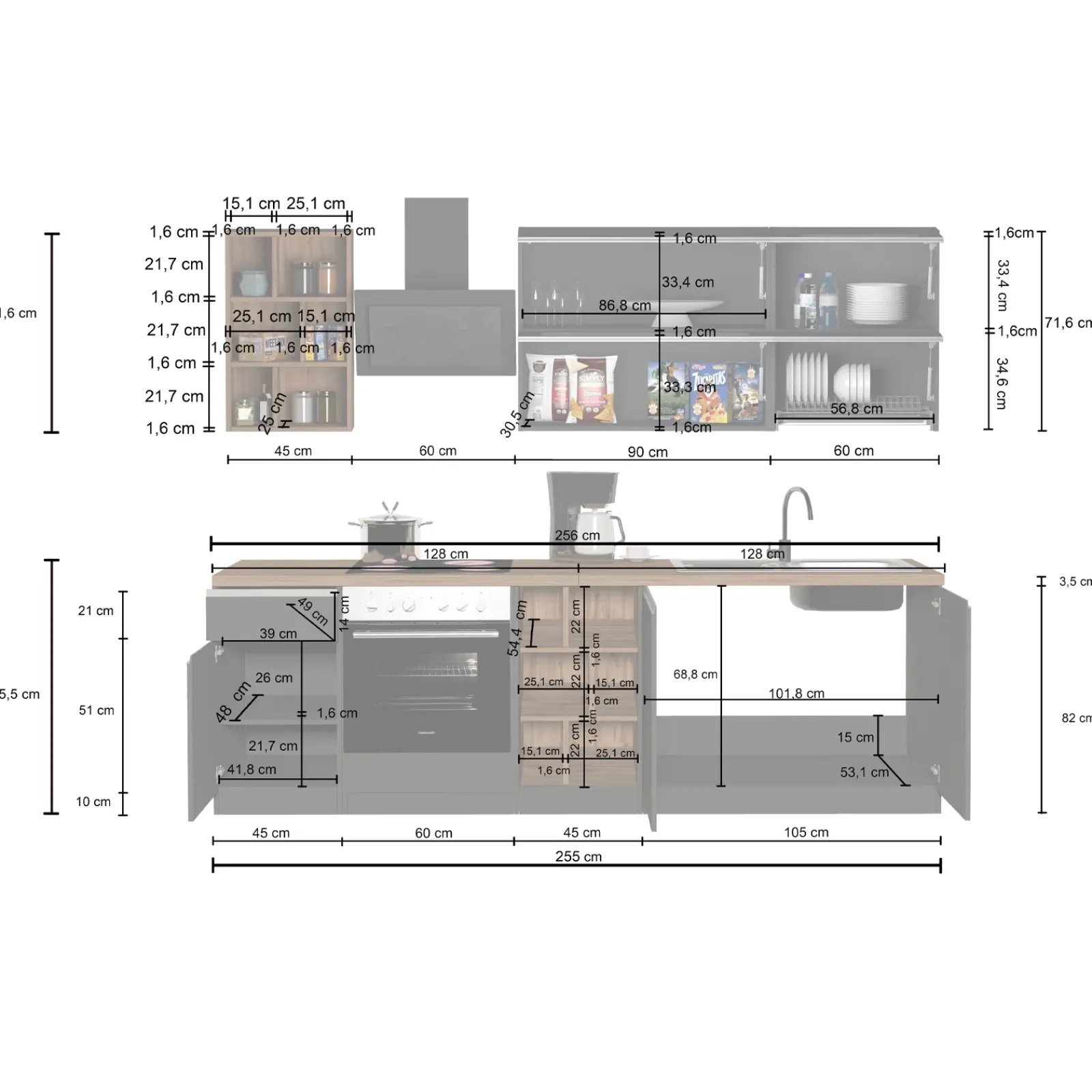 Garnero Arredamenti Cucine Complete|Cucine Complete-Cucina 255cm componibile lineare moderna antracite grigio pietra Gourmet Prestige Antracite - Grigio pietra