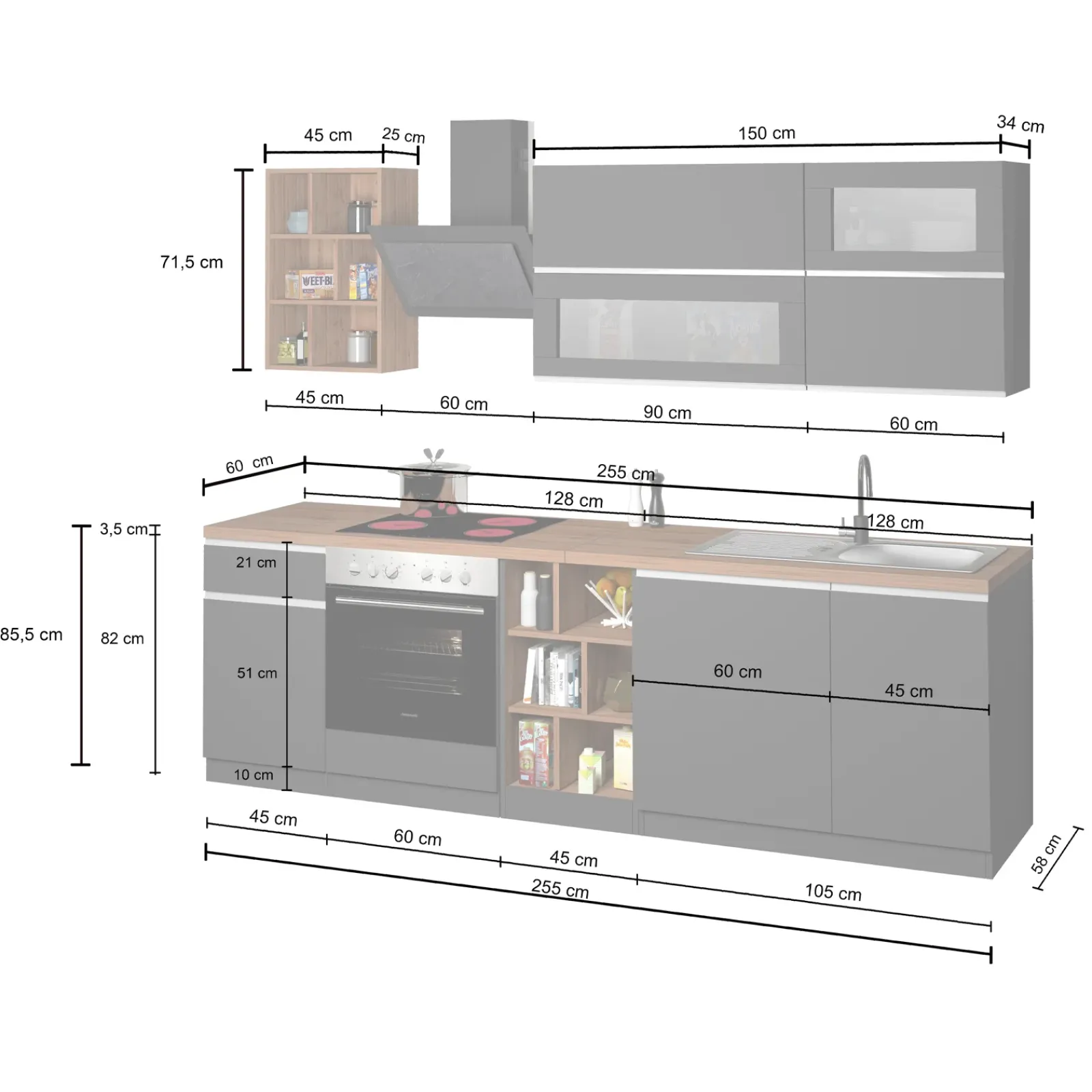 Garnero Arredamenti Cucine Complete|Cucine Complete-Cucina 255cm componibile lineare moderna antracite grigio pietra Gourmet Prestige Antracite - Grigio pietra