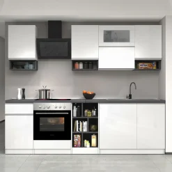 Garnero Arredamenti Cucine Complete|Cucine Complete-Cucina 255cm componibile lineare moderna bianco grigio pietra Gourmet Pure Bianco Lucido - Grigio pietra