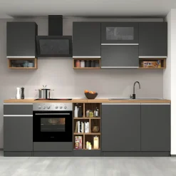 Garnero Arredamenti Cucine Complete|Cucine Complete-Cucina 255cm componibile lineare moderna antracite rovere Gourmet Pure Antracite - Rovere