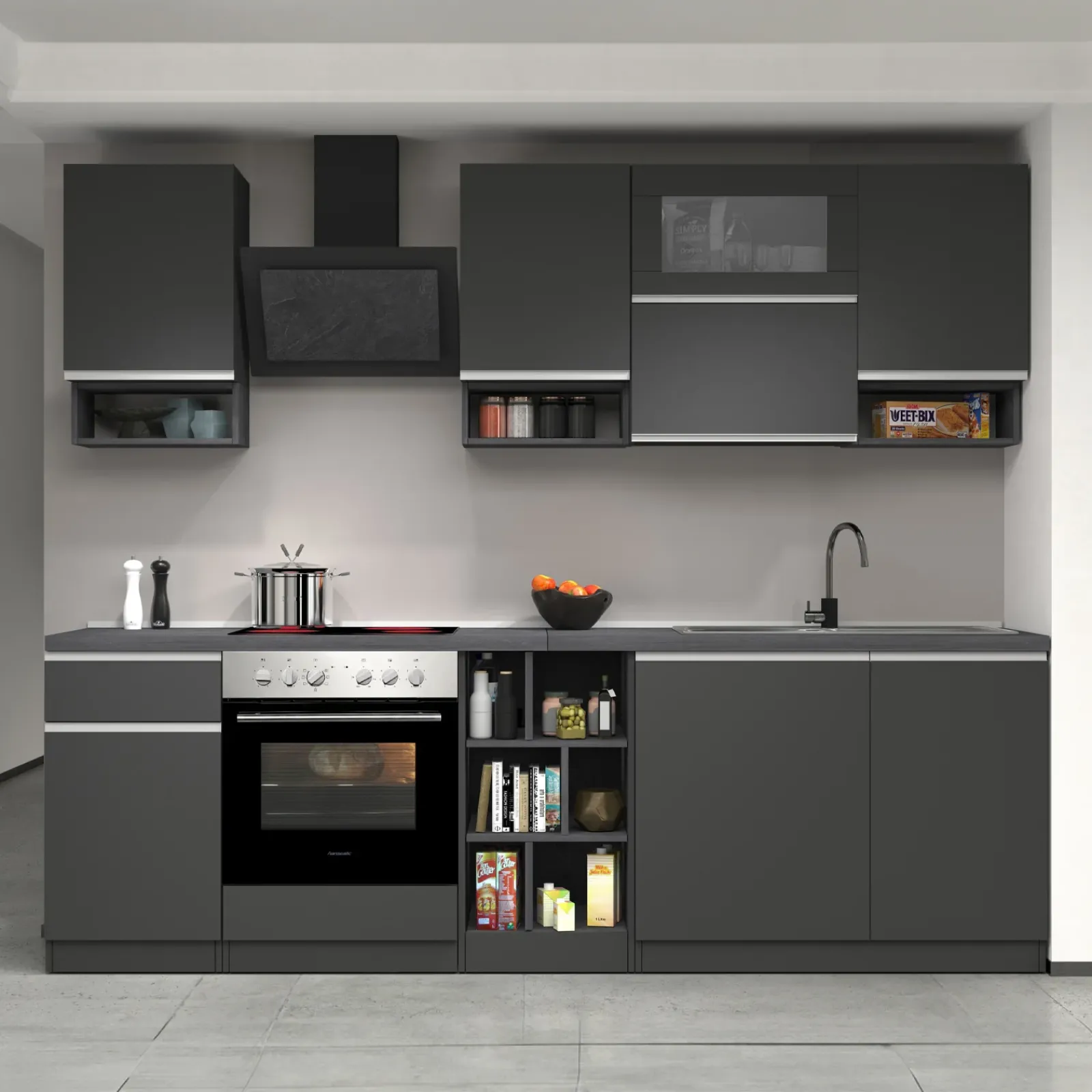 Garnero Arredamenti Cucine Complete|Cucine Complete-Cucina 255cm componibile lineare moderna antracite grigio pietra Gourmet Pure Antracite - Grigio pietra