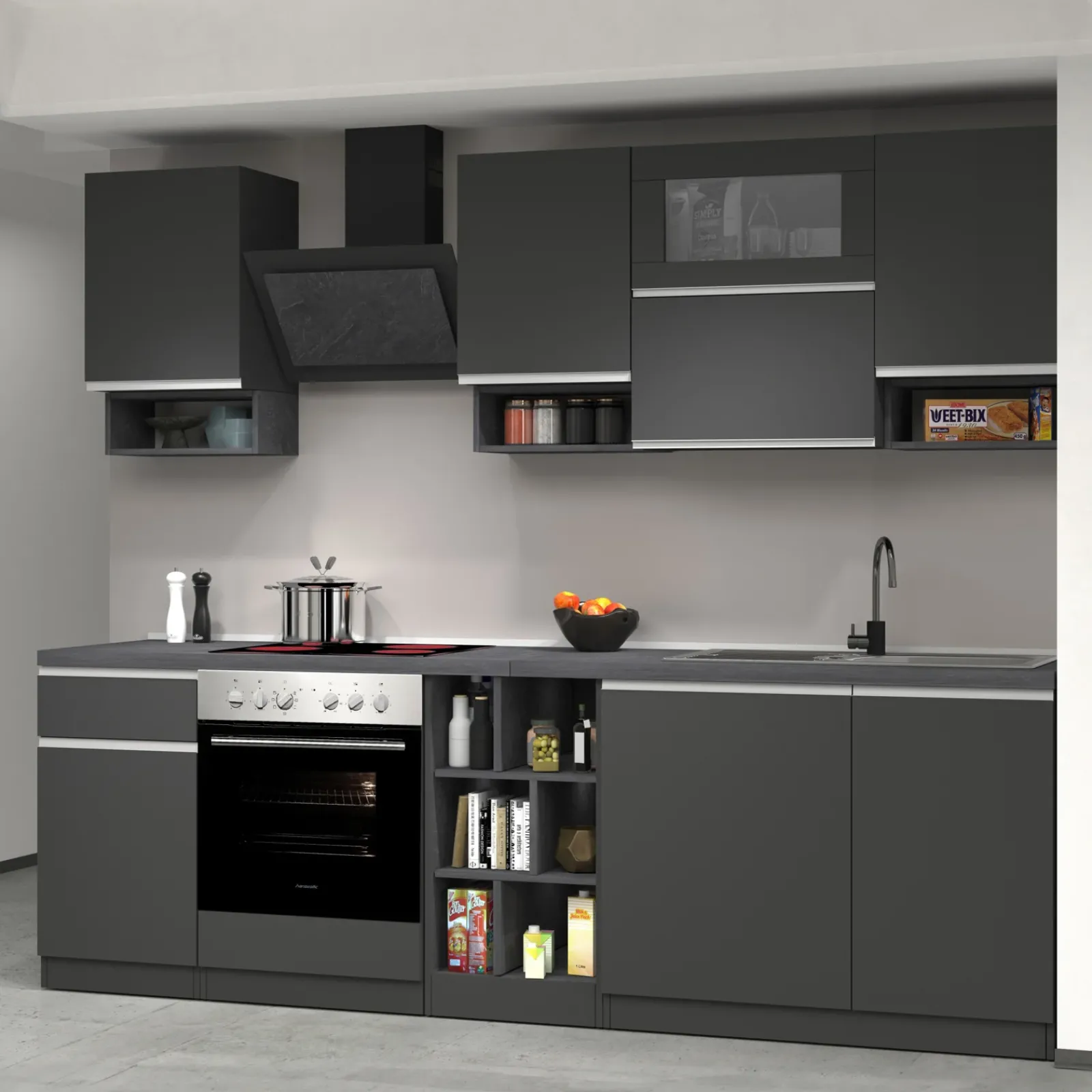 Garnero Arredamenti Cucine Complete|Cucine Complete-Cucina 255cm componibile lineare moderna antracite grigio pietra Gourmet Pure Antracite - Grigio pietra