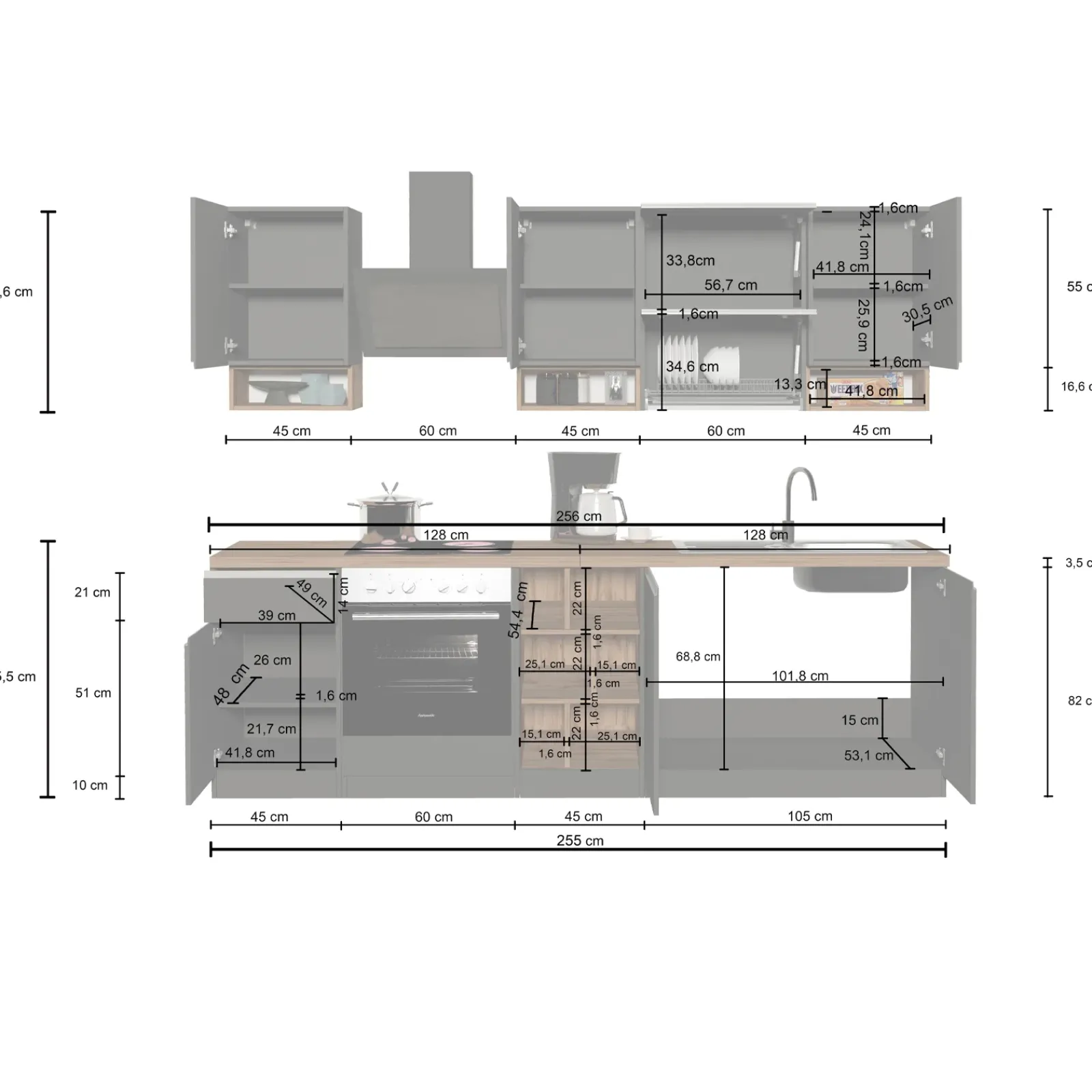 Garnero Arredamenti Cucine Complete|Cucine Complete-Cucina 255cm componibile lineare moderna antracite grigio pietra Gourmet Pure Antracite - Grigio pietra