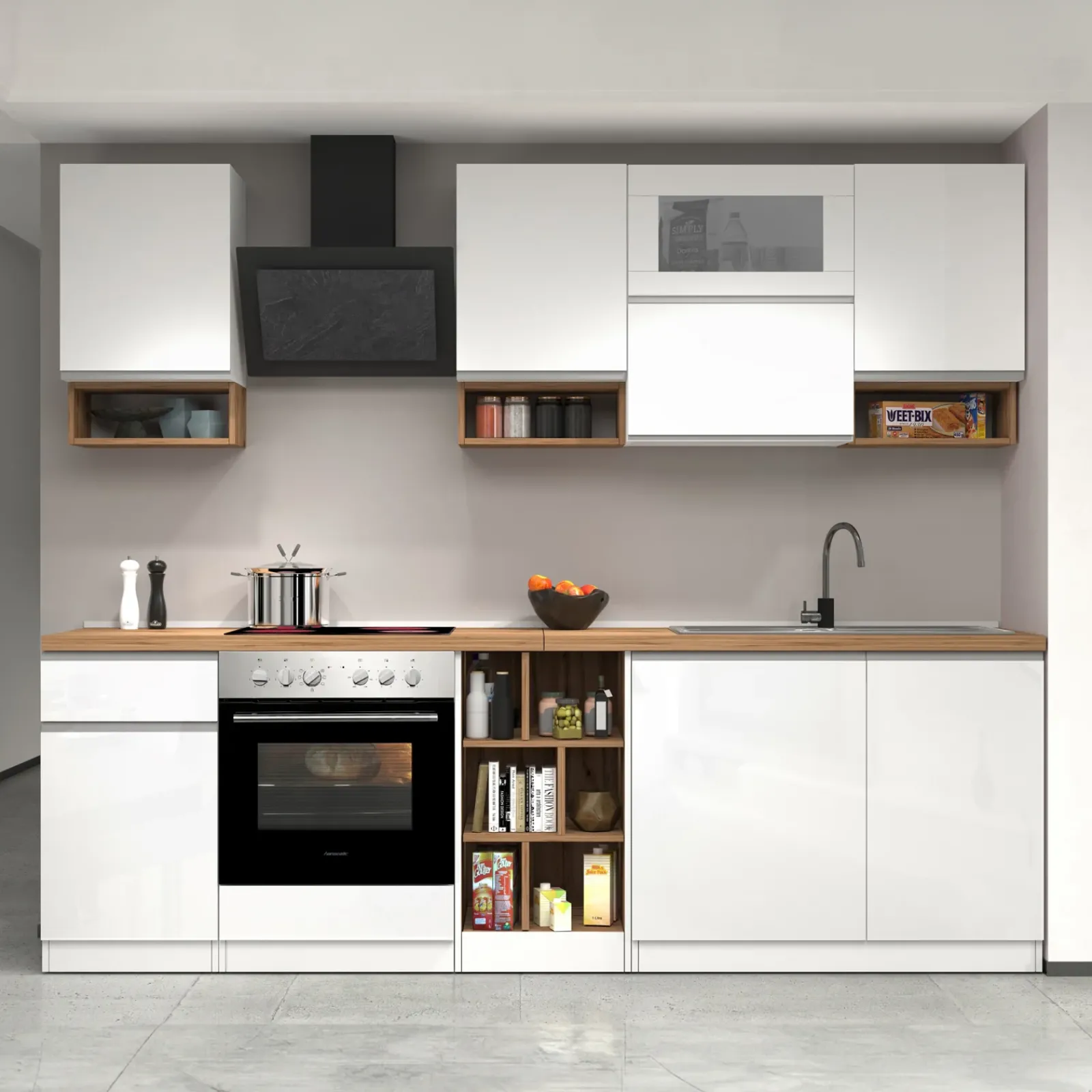 Garnero Arredamenti Cucine Complete|Cucine Complete-Cucina 255cm componibile lineare moderna bianco rovere Gourmet Pure Bianco Lucido - Rovere