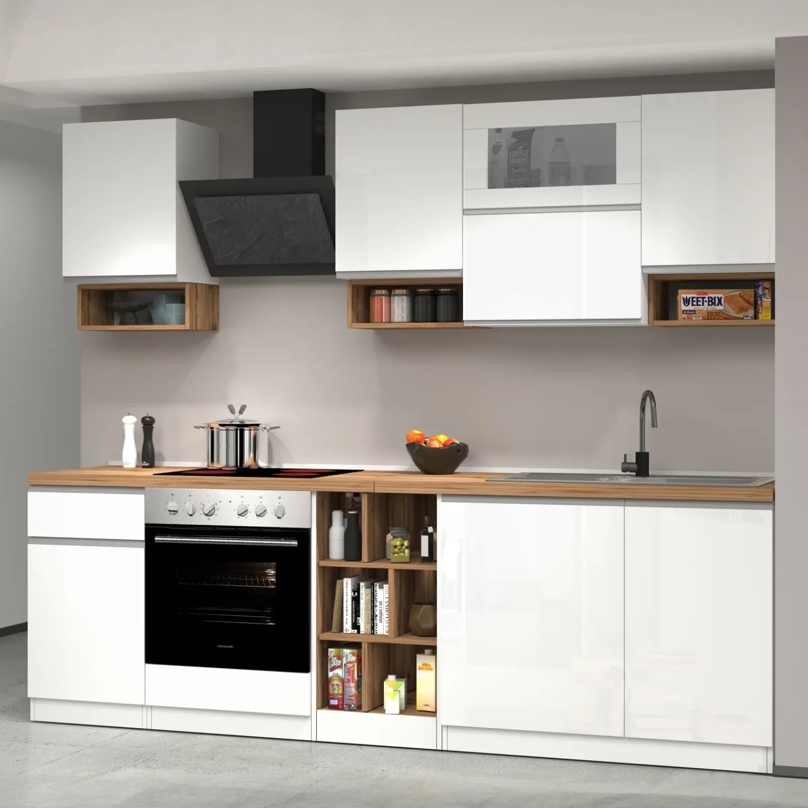 Garnero Arredamenti Cucine Complete|Cucine Complete-Cucina 255cm componibile lineare moderna bianco rovere Gourmet Pure Bianco Lucido - Rovere