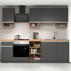 Garnero Arredamenti Cucine Complete|Cucine Complete-Cucina 255cm componibile lineare moderna antracite rovere Gourmet Elegance Antracite - Rovere