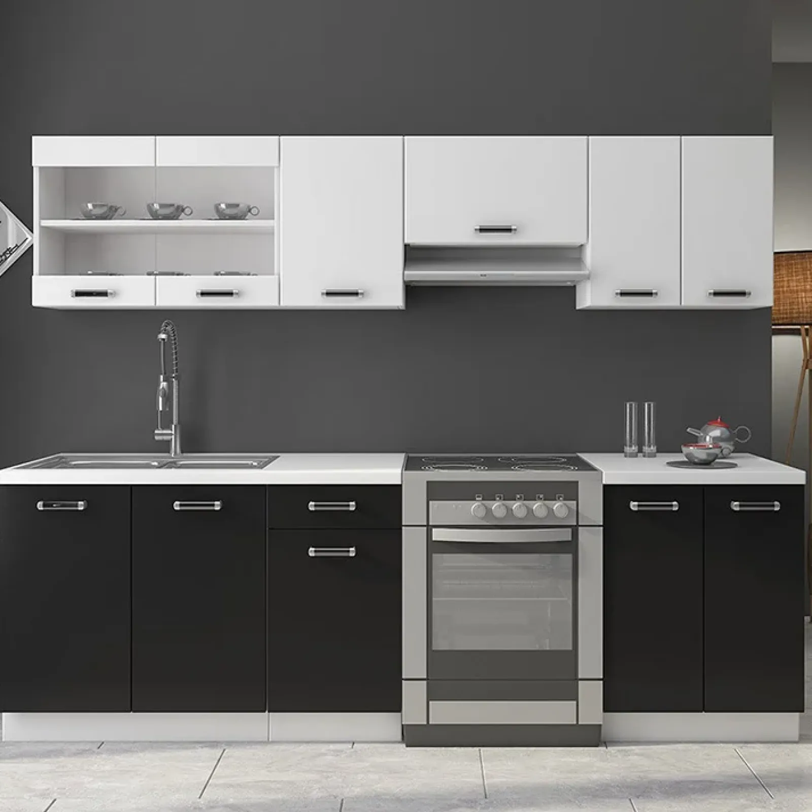 Garnero Arredamenti Cucine Complete|Cucine Complete-Cucina 240cm moderna componibile lineare bianco nero Wine