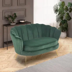 Garnero Arredamenti Divani Lineari-Divanetto 2 posti imbottito 131x77cm in velluto verde gambe oro Gabriella Tessuto Vellutino Verde