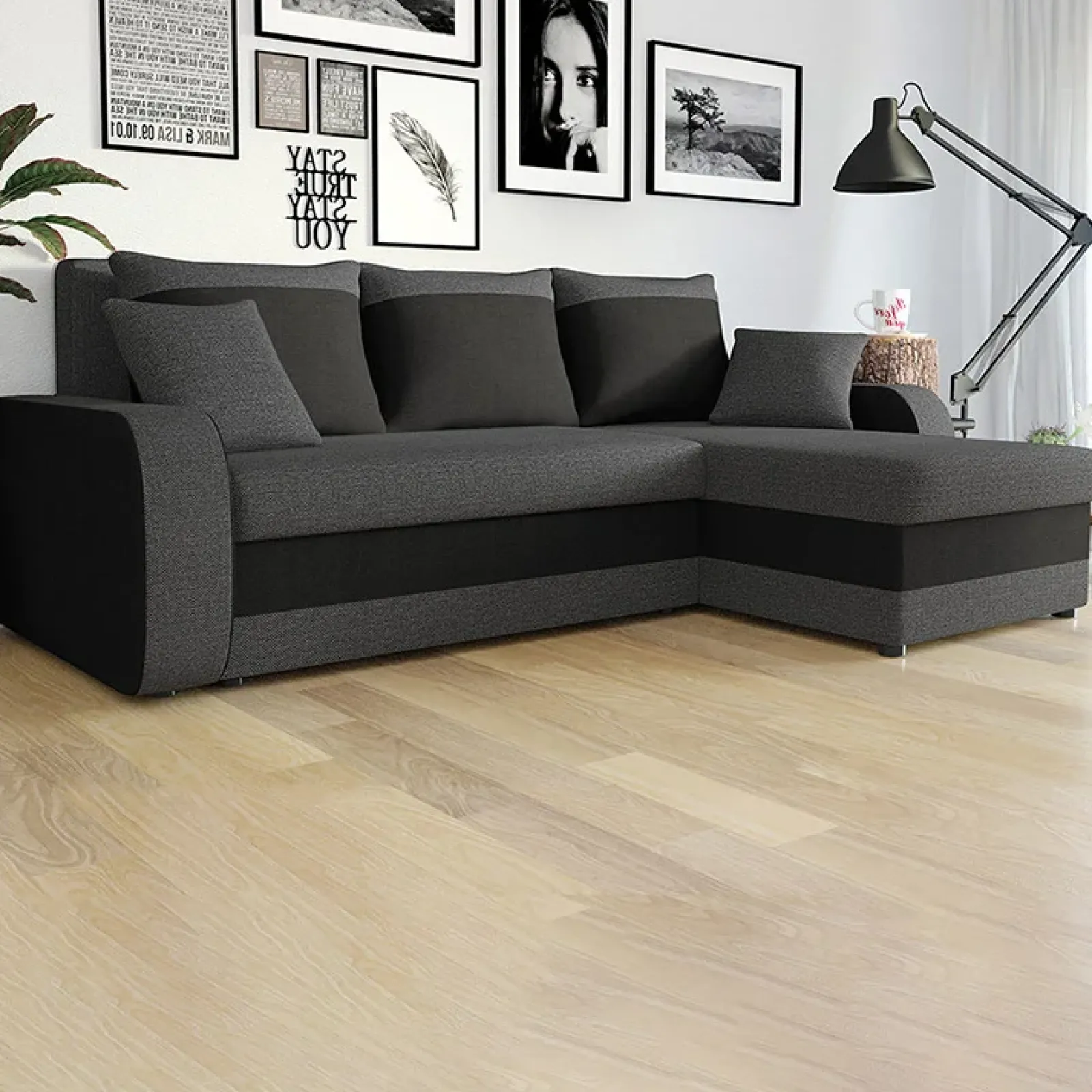 Garnero Arredamenti Divani Angolari|Divani Letto-Divano angolare letto 238x147cm 3 posti grigio scuro nero Flow Tessuto 100% polipropilene Grigio