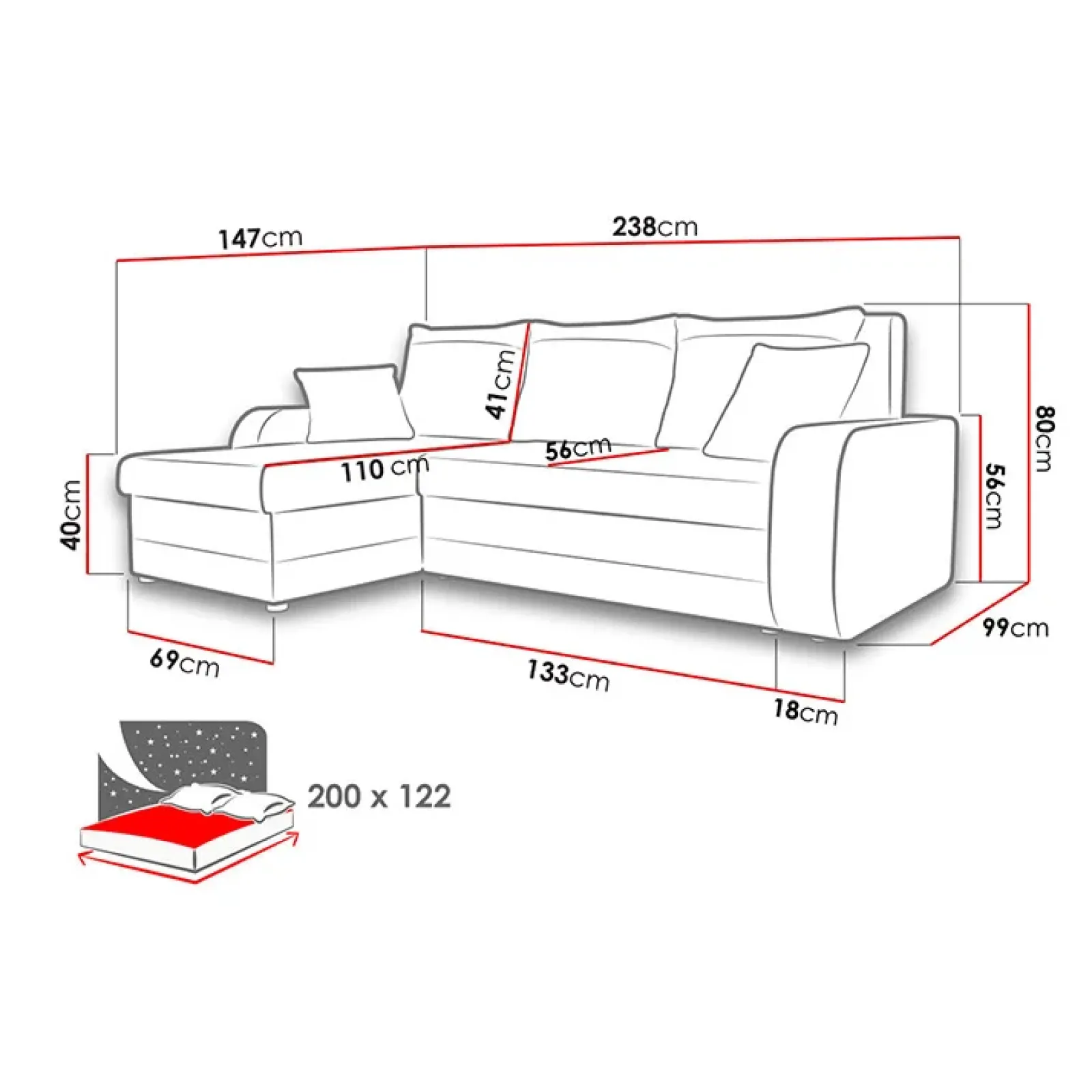 Garnero Arredamenti Divani Angolari|Divani Letto-Divano angolare letto 238x147cm 3 posti grigio scuro nero Flow Tessuto 100% polipropilene Grigio
