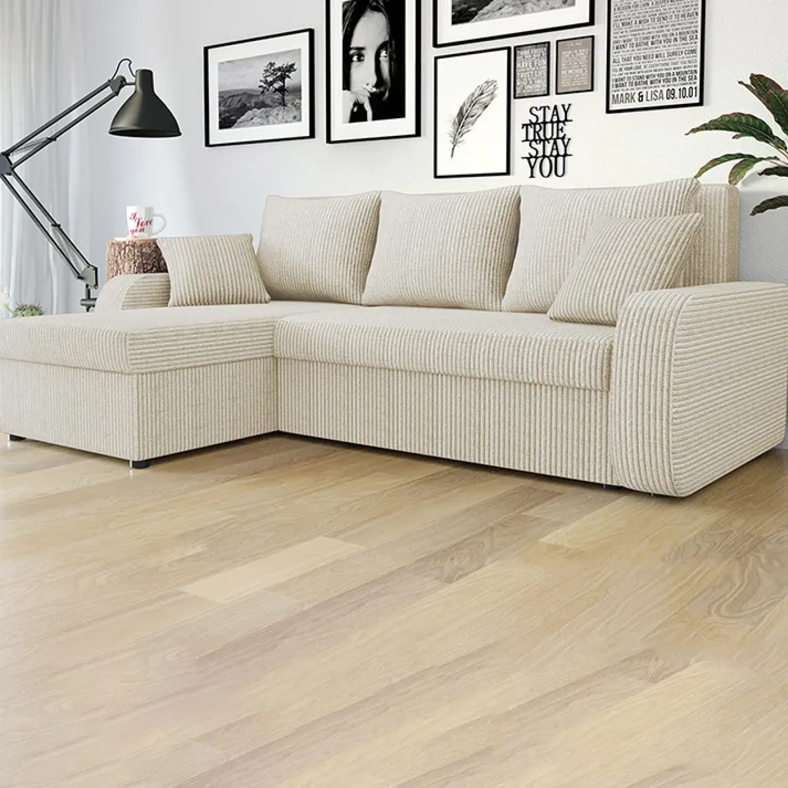 Garnero Arredamenti Divani Angolari|Divani Letto-Divano angolare letto 238x147cm 3 posti velluto a coste beige Flow Velluto Poso Beige