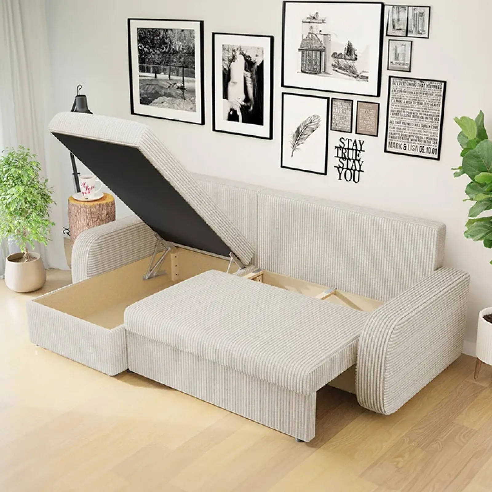 Garnero Arredamenti Divani Angolari|Divani Letto-Divano angolare letto 238x147cm 3 posti velluto a coste beige Flow Velluto Poso Beige