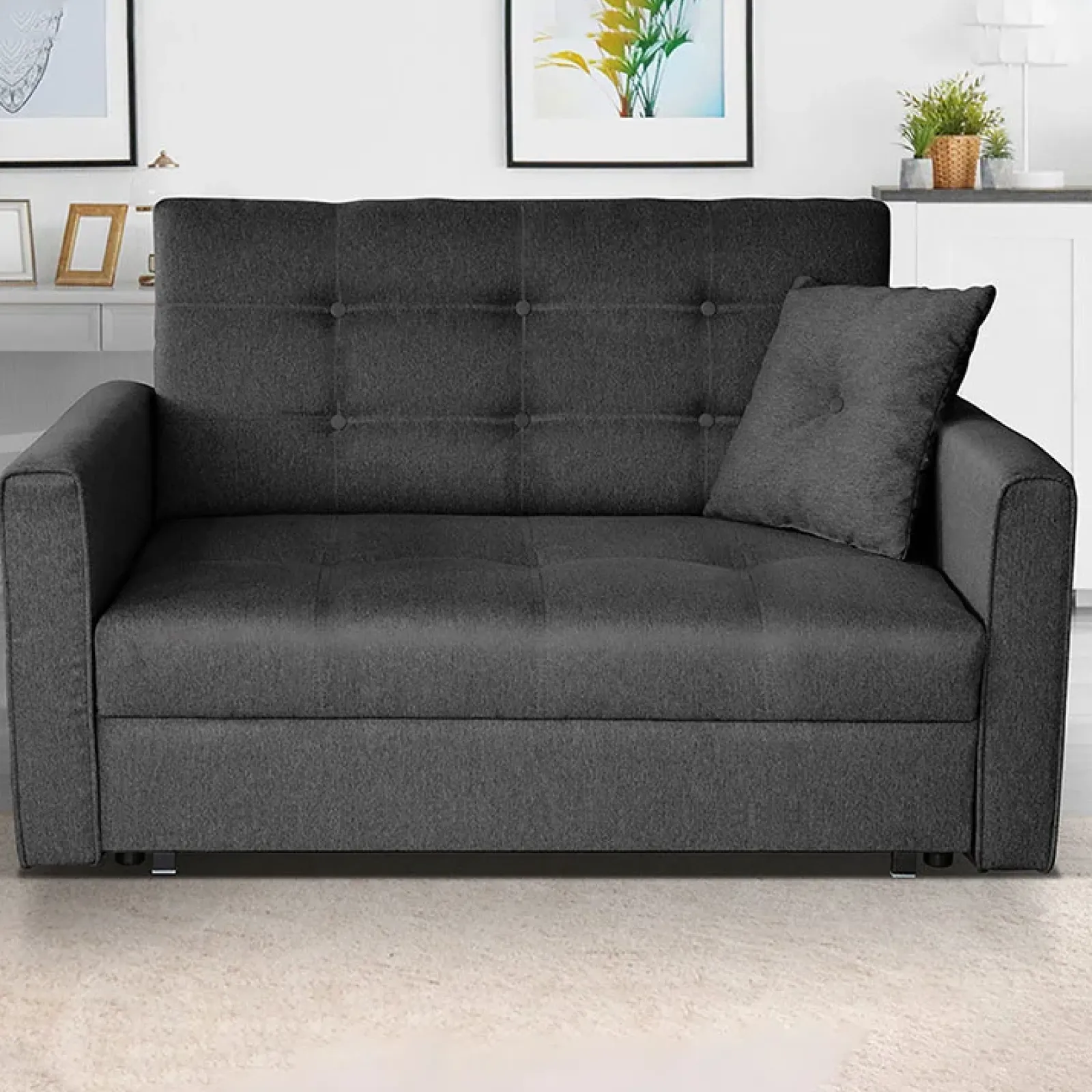 Garnero Arredamenti Divani Letto|Divani Letto-Divano letto 2 posti 133cm imbottito in tessuto antracite Isidore Tessuto Trama Fine Tatum Grigio Scuro