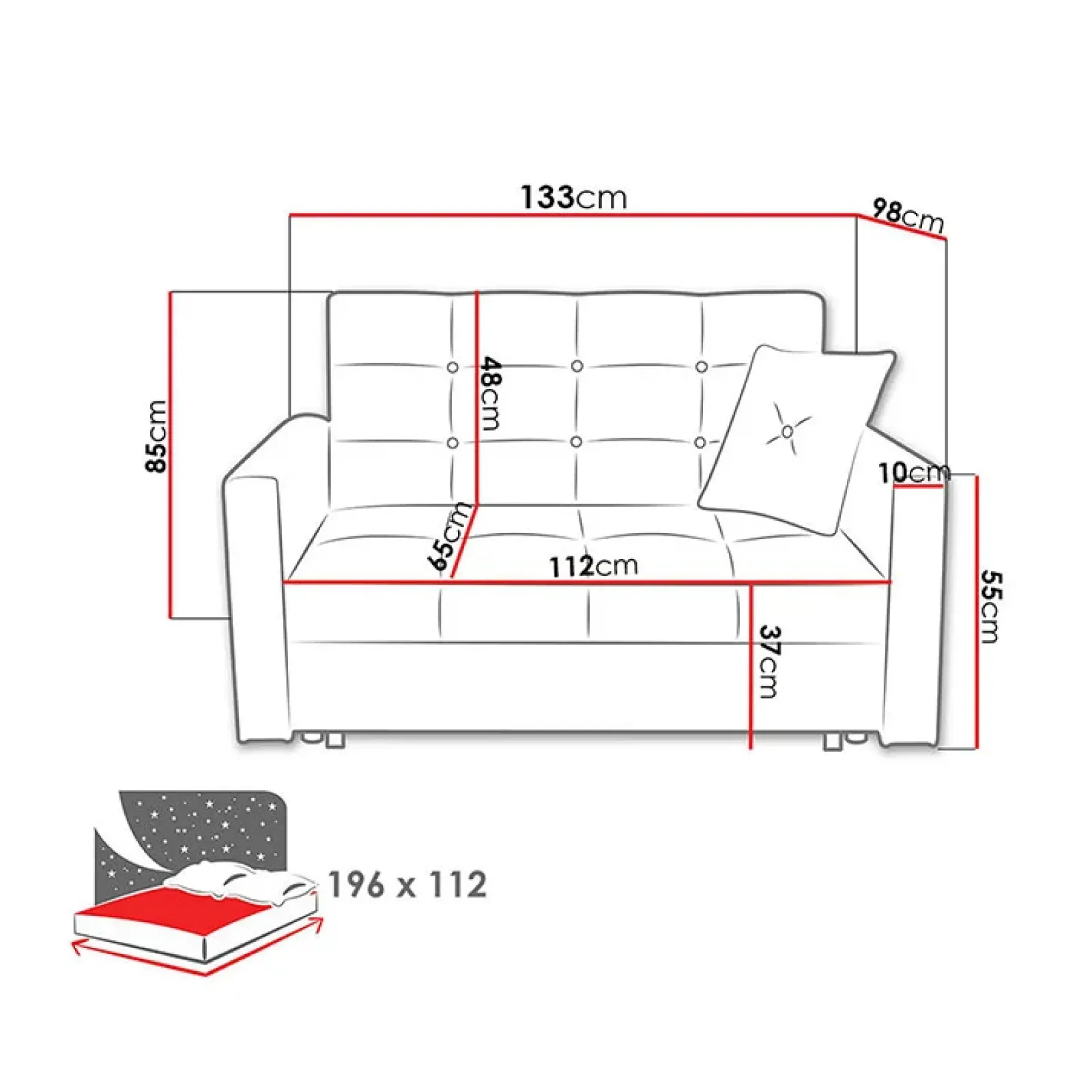 Garnero Arredamenti Divani Letto|Divani Letto-Divano letto 2 posti 133cm imbottito in tessuto antracite Isidore Tessuto Trama Fine Tatum Grigio Scuro
