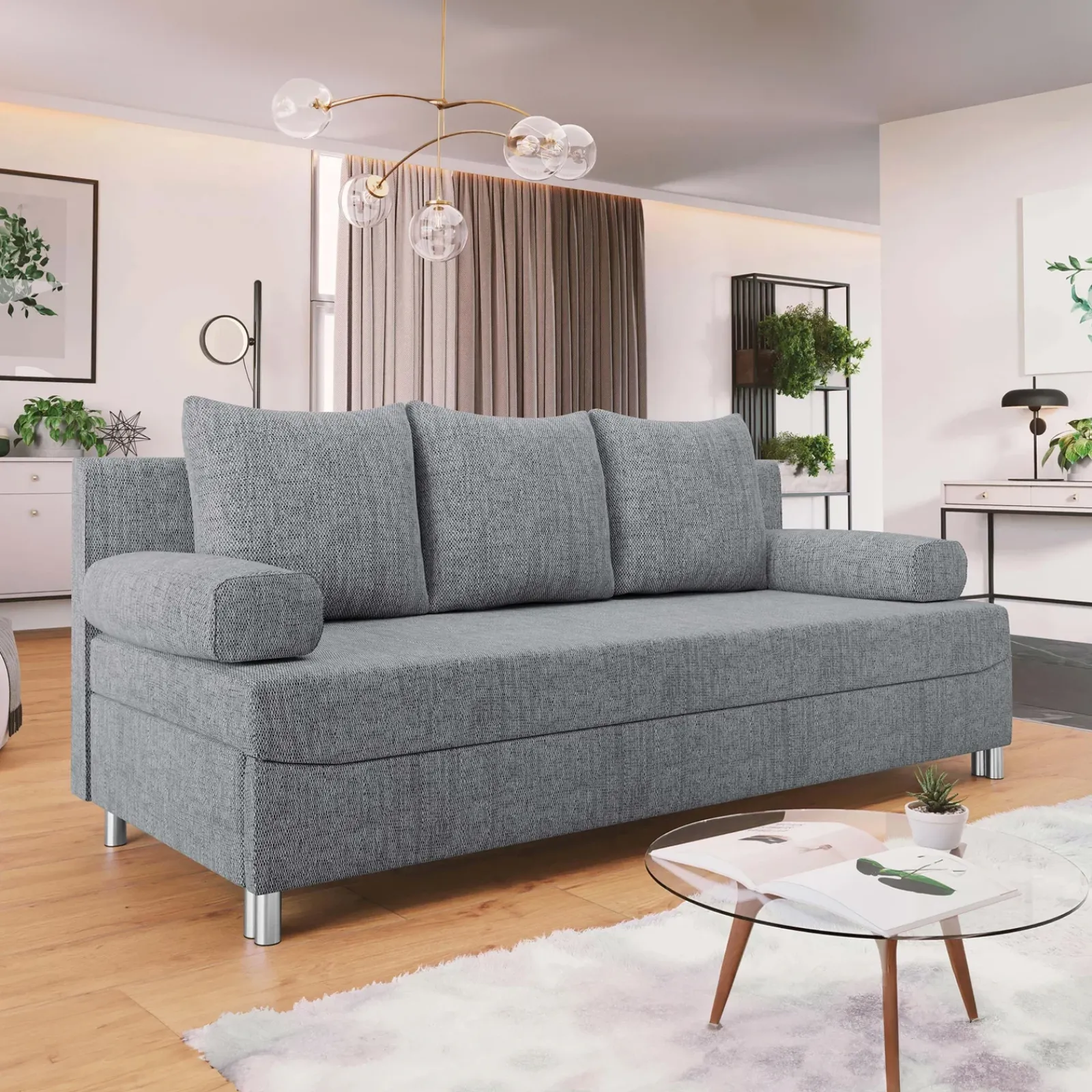 Garnero Arredamenti Divani Lineari|Divani Letto-Divano letto 3 posti 192cm pieghevole matrimoniale grigio chiaro Titus Tessuto Lawa Grigio