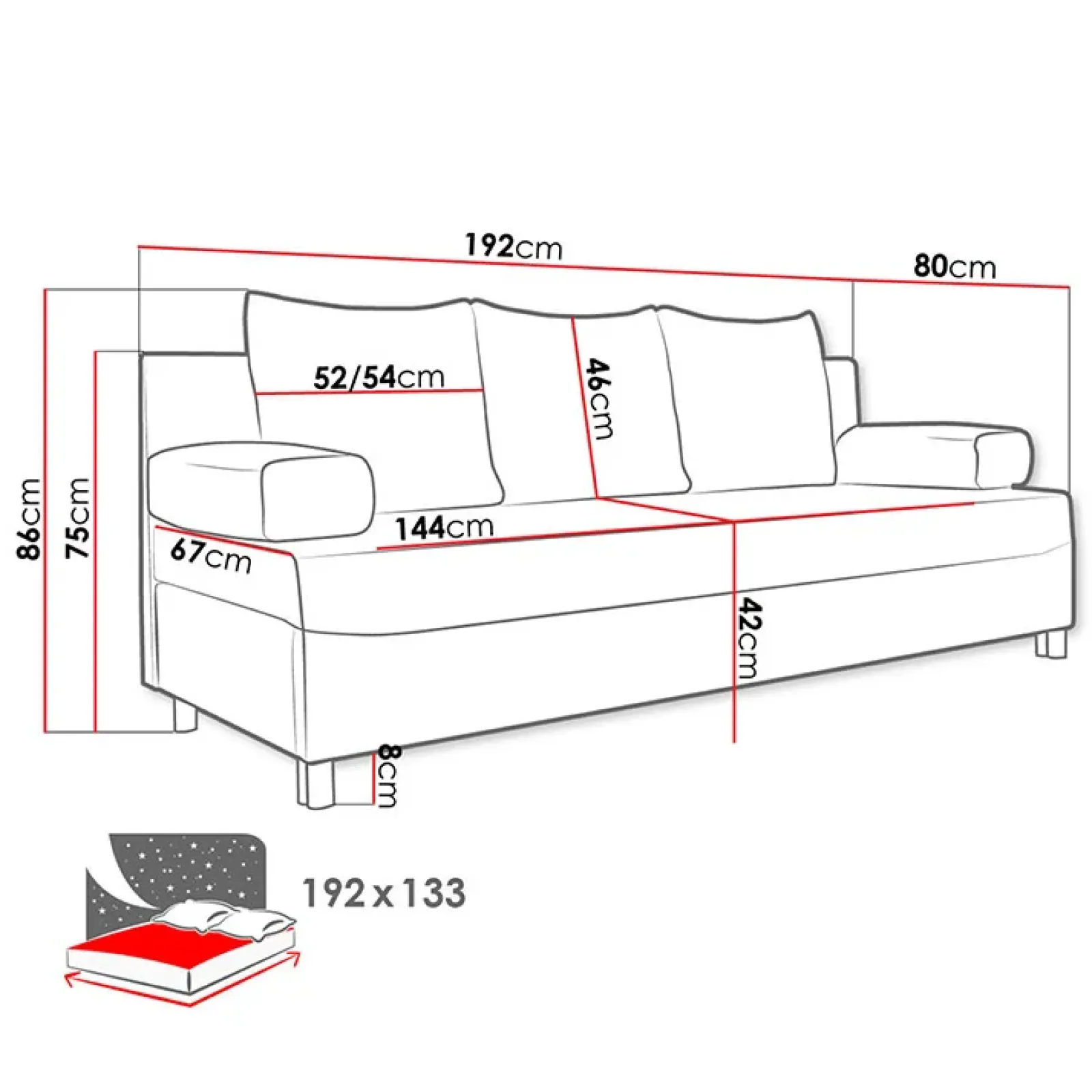 Garnero Arredamenti Divani Lineari|Divani Letto-Divano letto 3 posti 192cm pieghevole matrimoniale grigio chiaro Titus Tessuto Lawa Grigio
