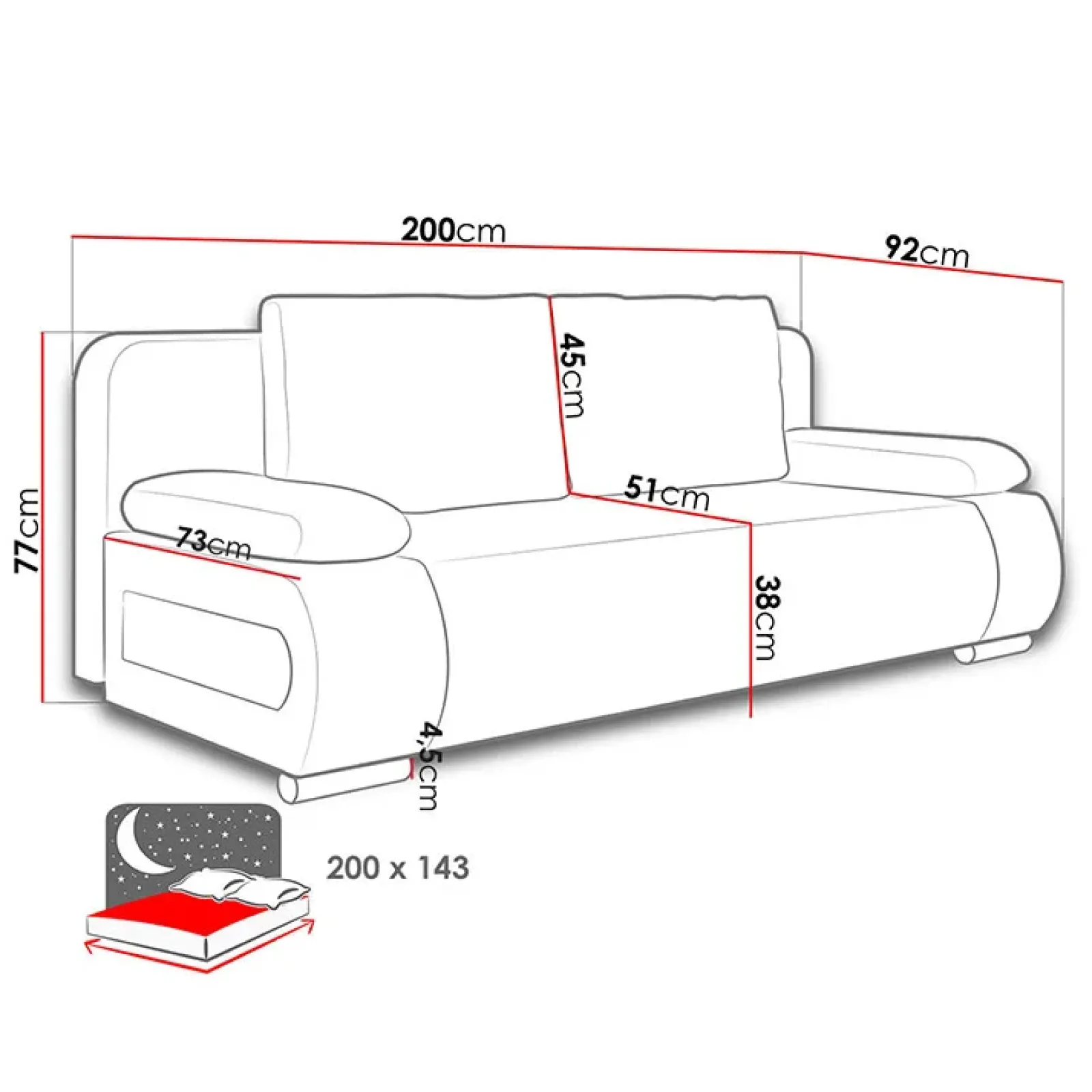 Garnero Arredamenti Divani Lineari|Divani Letto-Divano letto 3 posti imbottito 200cm nero grigio scuro Barney