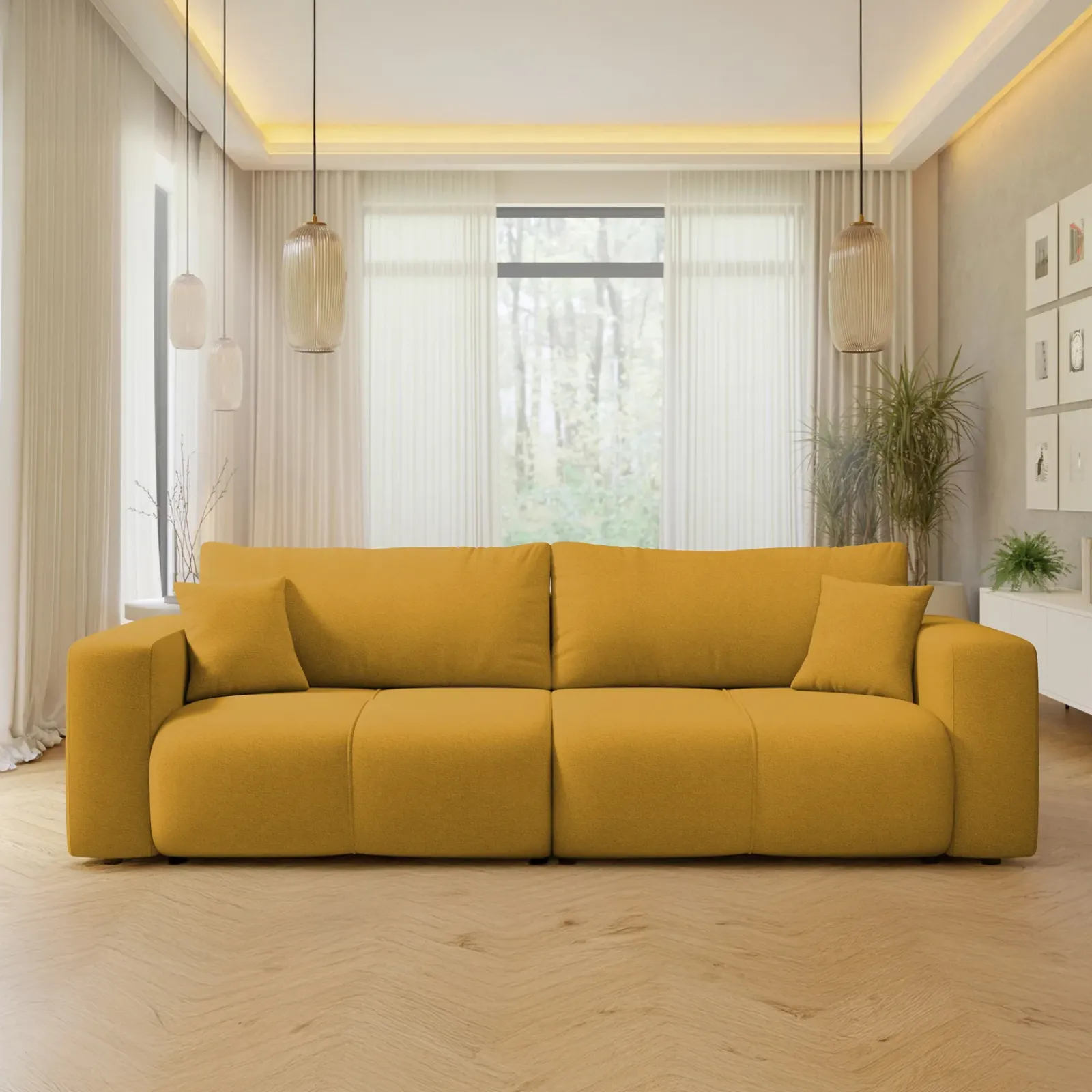 Garnero Arredamenti Divani Lineari|Divani Letto-Divano letto 3 posti 248x90cm con contenitore in tessuto velo giallo senape Floty Tessuto Velo Senape