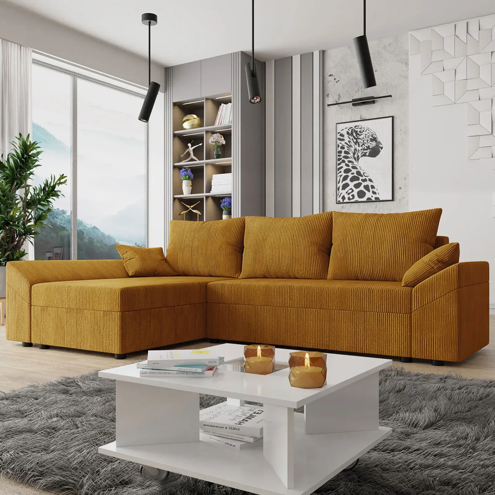 Garnero Arredamenti Divani Angolari|Divani Letto-Divano letto 3 posti 240x145cm matrimoniale angolare velluto a coste senape ocra Appia Velluto Poso Senape