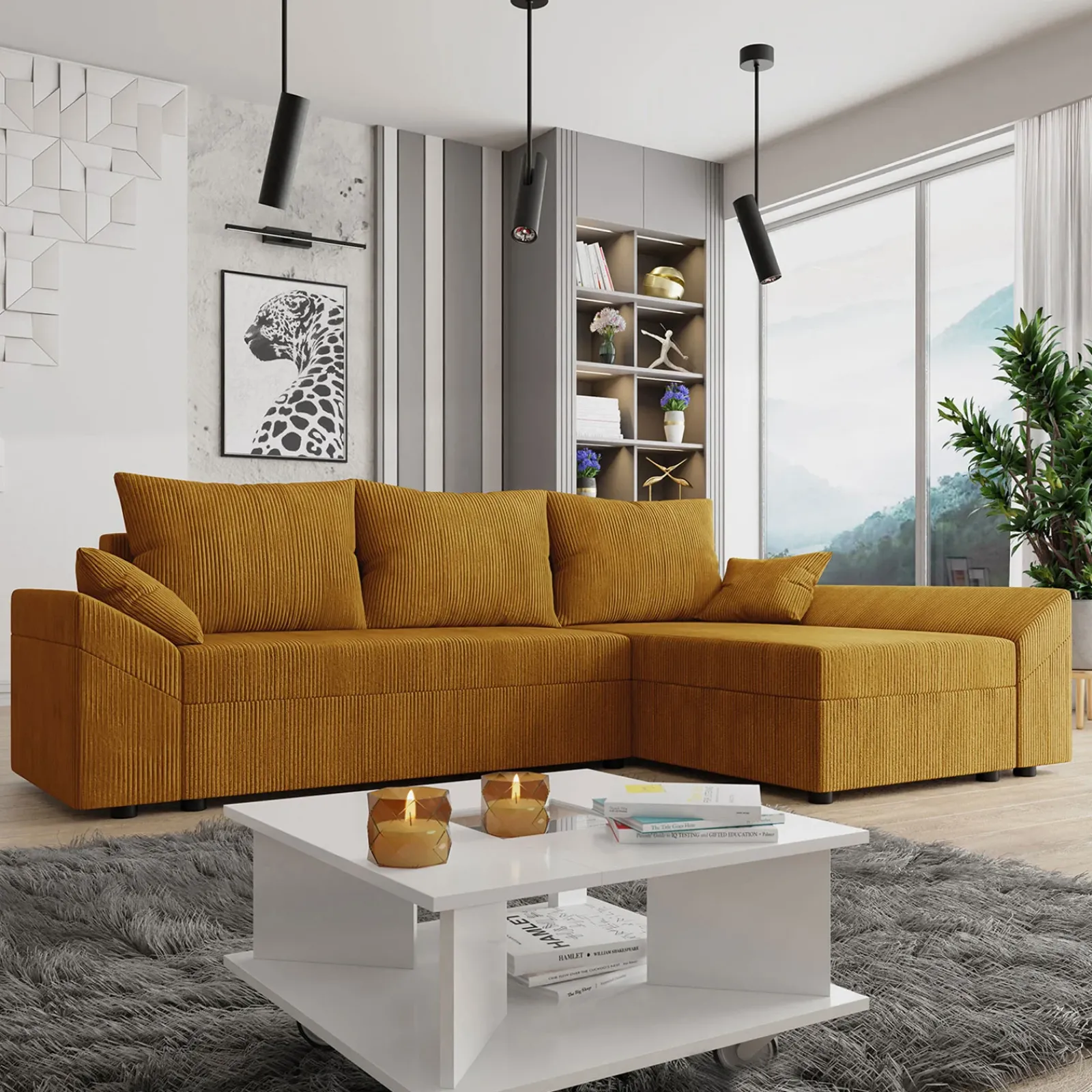 Garnero Arredamenti Divani Angolari|Divani Letto-Divano letto 3 posti 240x145cm matrimoniale angolare velluto a coste senape ocra Appia Velluto Poso Senape