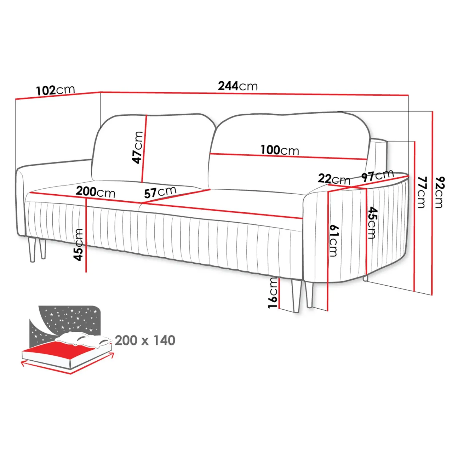 Garnero Arredamenti Divani Lineari|Divani Letto-Divano letto 3 posti 244x102cm tessuto grigio Shimmer