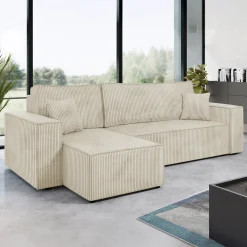 Garnero Arredamenti Divani Angolari|Divani Letto-Divano letto angolare 3 posti 244x145cm con box contenitore velluto a coste beige Ploffy