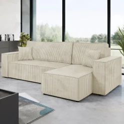 Garnero Arredamenti Divani Angolari|Divani Letto-Divano letto angolare 3 posti 244x145cm con box contenitore velluto a coste beige Ploffy