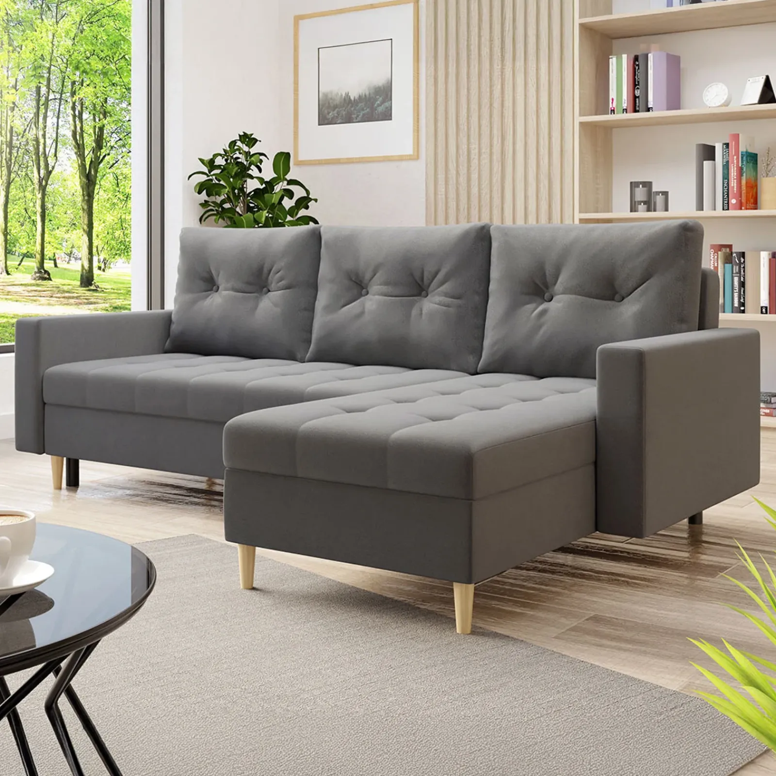 Garnero Arredamenti Divani Angolari|Divani Letto-Divano letto angolare 3 posti 231x147cm con box contenitore grigio Venezia