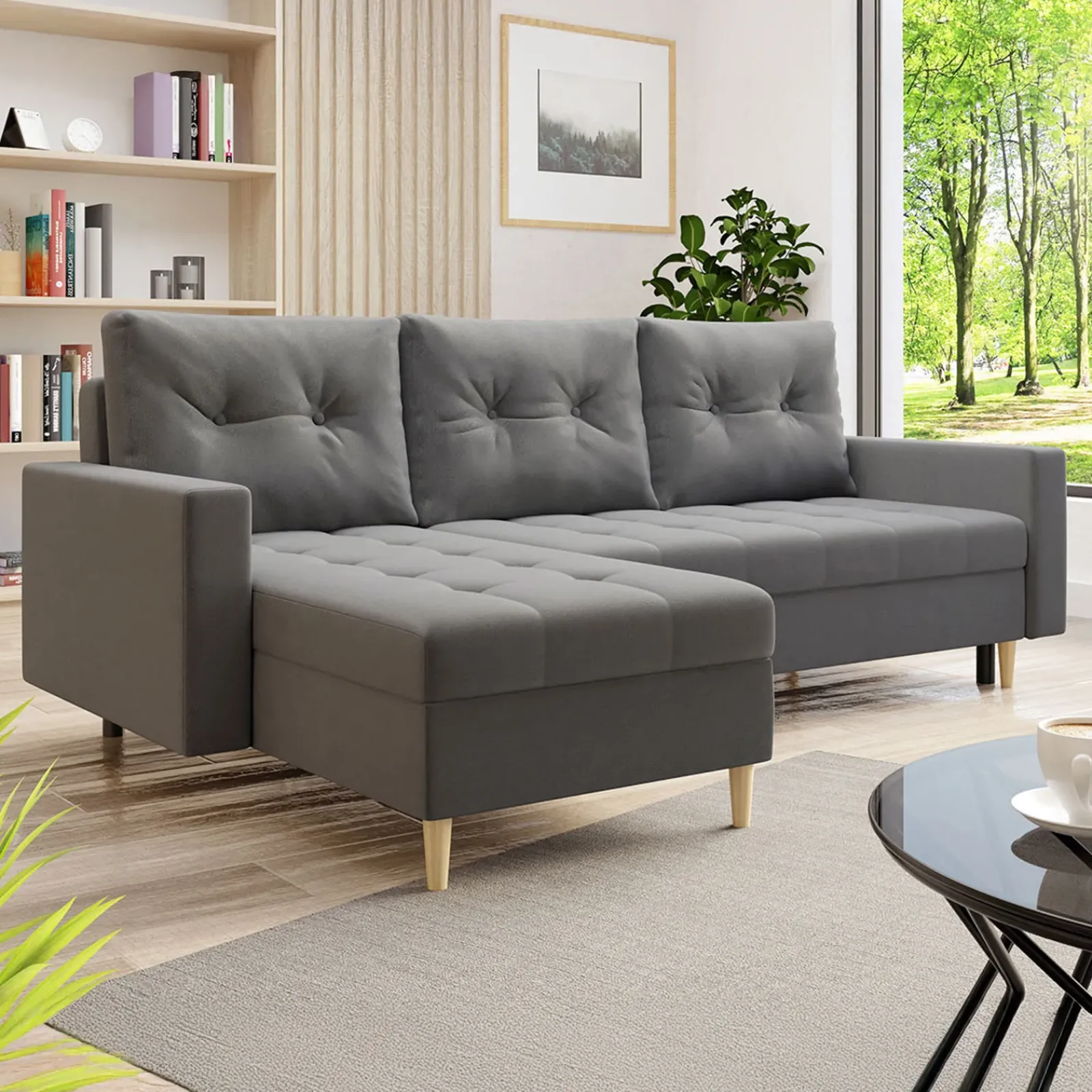 Garnero Arredamenti Divani Angolari|Divani Letto-Divano letto angolare 3 posti 231x147cm con box contenitore grigio Venezia