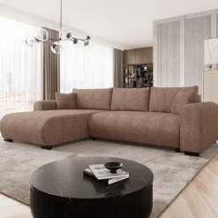 Garnero Arredamenti Divani Angolari|Divani Letto-Divano letto angolare 4 posti 285x188cm con contenitore tessuto bouclé marrone chiaro Soft Tessuto Bouclè Marrone Chiaro