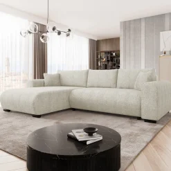 Garnero Arredamenti Divani Angolari|Divani Letto-Divano letto angolare 4 posti 285x188cm con contenitore Soft Tessuto Bouclé Beige Chiaro