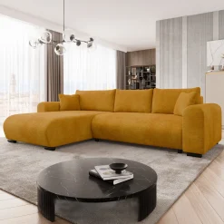 Garnero Arredamenti Divani Angolari|Divani Letto-Divano letto angolare 4 posti 285x188cm con contenitore imbottito tessuto giallo senape Soft Tessuto Wave Senape