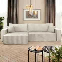 Garnero Arredamenti Divani Angolari|Divani Letto-Divano letto angolare 4 posti 272x145cm con box contenitore velluto a coste beige Ploffy