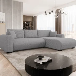 Garnero Arredamenti Divani Angolari|Divani Letto-Divano letto angolare 4 posti 285x188cm con contenitore tessuto velluto a coste grigio Soft Velluto a Coste Poso Grigio