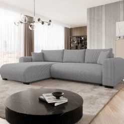 Garnero Arredamenti Divani Angolari|Divani Letto-Divano letto angolare 4 posti 285x188cm con contenitore tessuto velluto a coste grigio Soft Velluto a Coste Poso Grigio