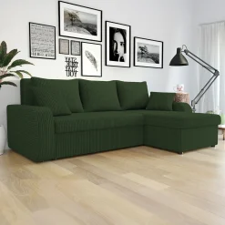 Garnero Arredamenti Divani Angolari|Divani Letto-Divano letto angolare 3 posti 238x147cm con contenitore a coste verde Flow Velluto Poso Verde